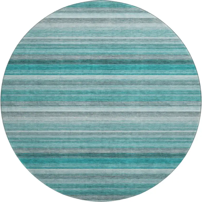 8' Teal Gray And Ivory Striped Washable Round Rug With UV Protection Photo 1