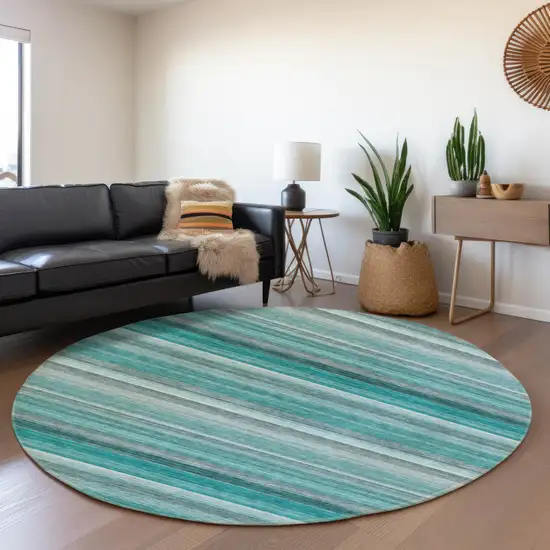 8' Teal Gray And Ivory Striped Washable Round Rug With UV Protection Photo 5