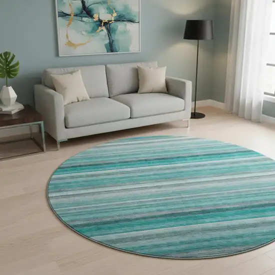 8' Teal Gray And Ivory Striped Washable Round Rug With UV Protection Photo 2