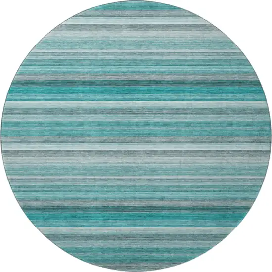 8' Teal Gray And Ivory Striped Washable Round Rug With UV Protection Photo 4