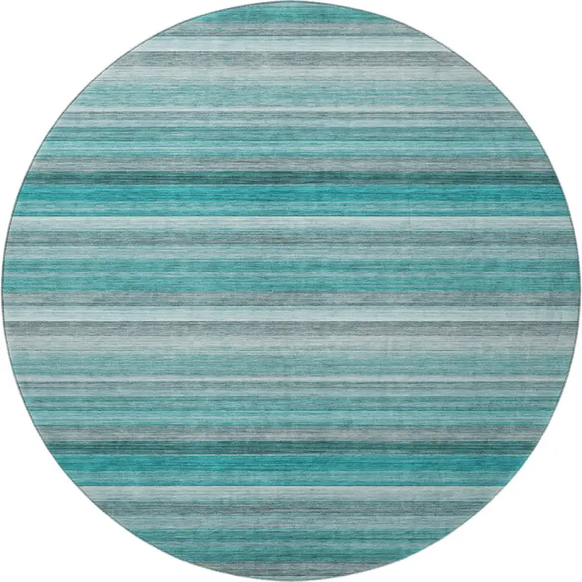 8' Teal Gray And Ivory Striped Washable Round Rug With UV Protection Photo 4