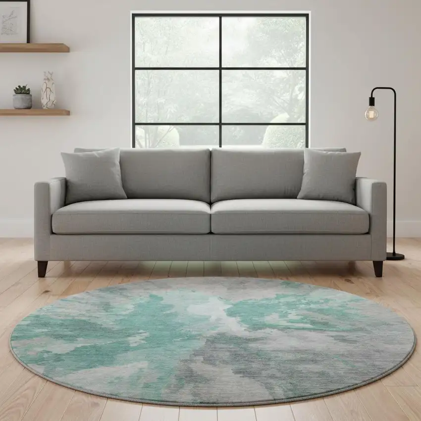 8' Teal Gray And Lavender Abstract Washable Round Rug With UV Protection Photo 2