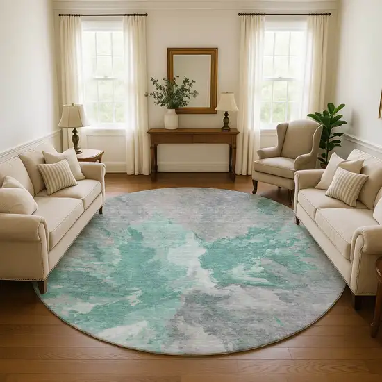 8' Teal Gray And Lavender Abstract Washable Round Rug With UV Protection Photo 4