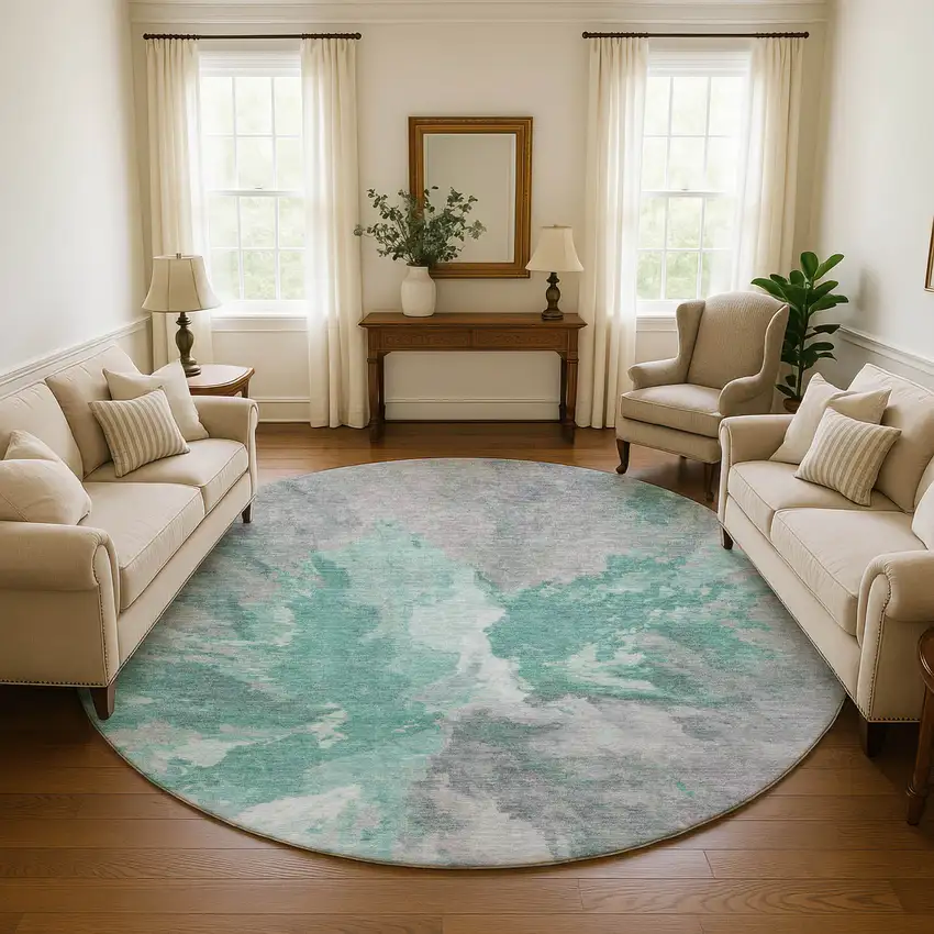 8' Teal Gray And Lavender Abstract Washable Round Rug With UV Protection Photo 4