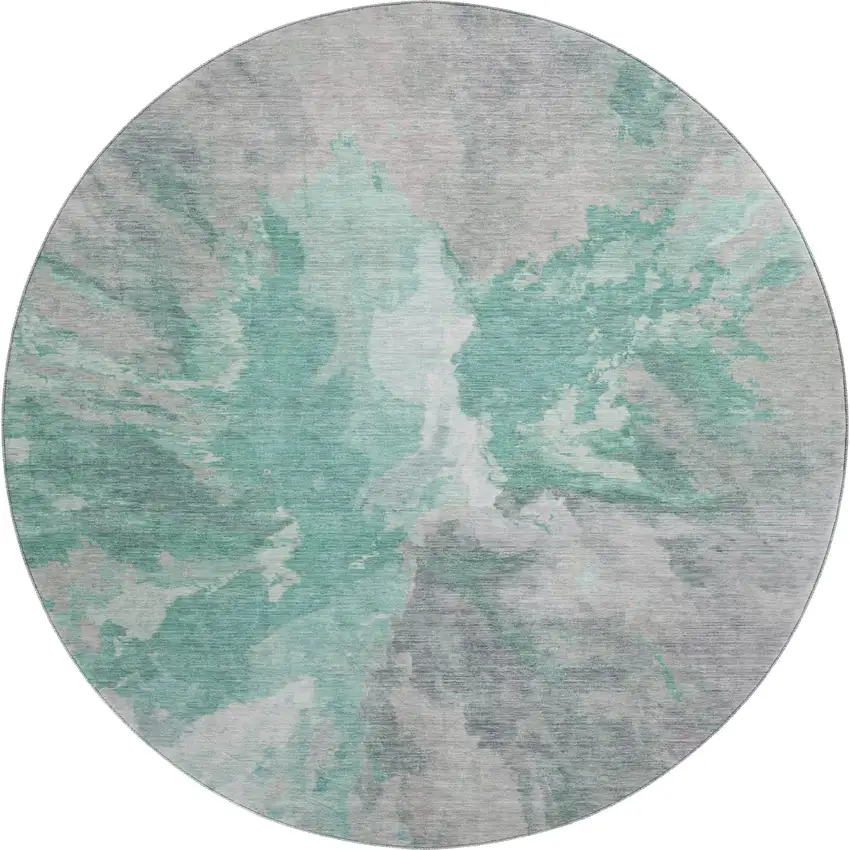8' Teal Gray And Lavender Abstract Washable Round Rug With UV Protection Photo 1