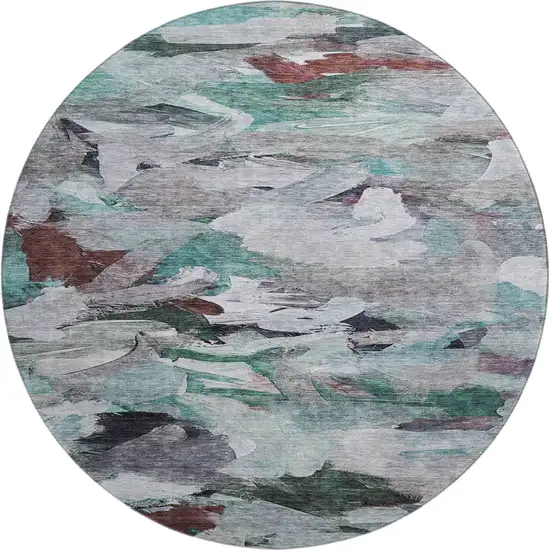 8' Teal Gray And Rust Abstract Washable Round Rug With UV Protection Photo 1