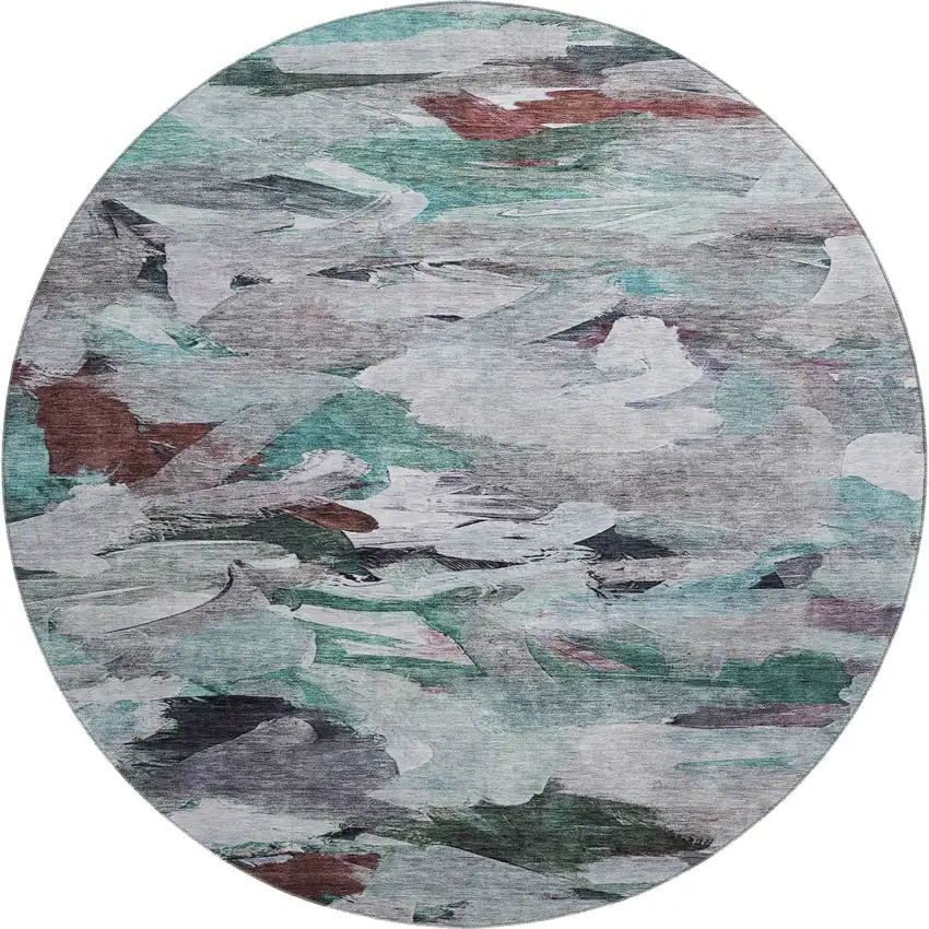 8' Teal Gray And Rust Abstract Washable Round Rug With UV Protection Photo 1