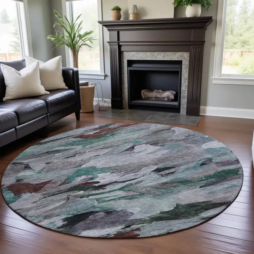 8' Teal Gray And Rust Abstract Washable Round Rug With UV Protection Photo 4