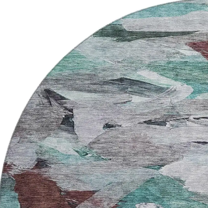 8' Teal Gray And Rust Abstract Washable Round Rug With UV Protection Photo 3