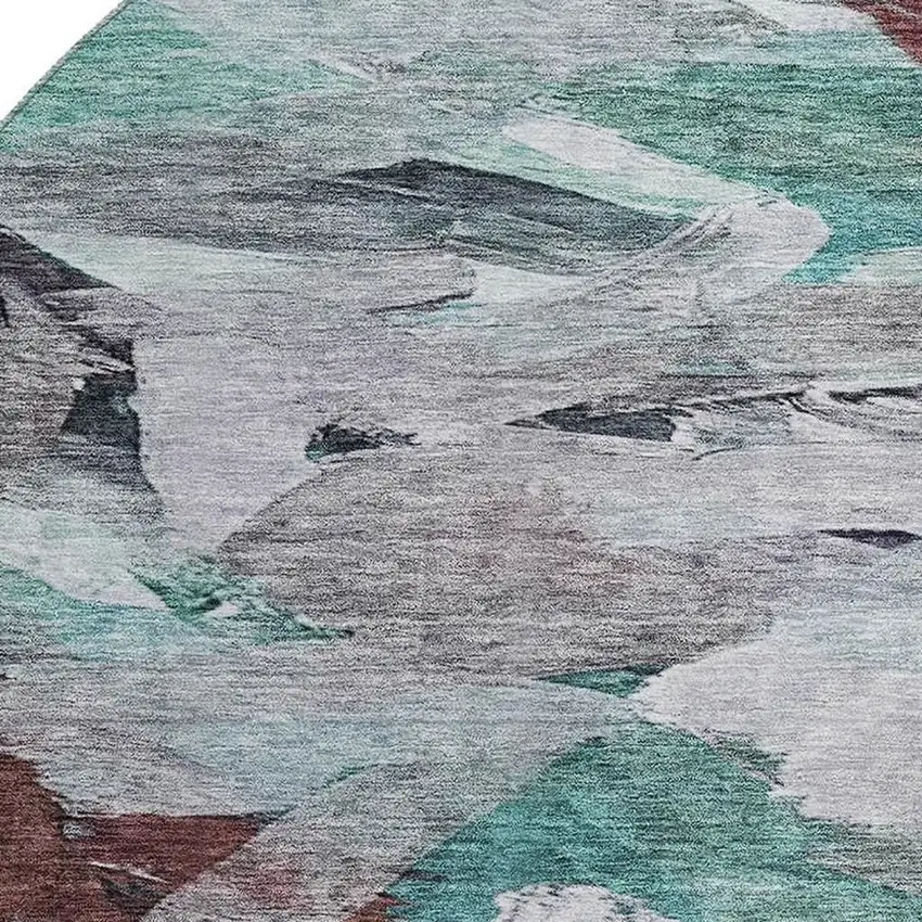 8' Teal Gray And Rust Abstract Washable Round Rug With UV Protection Photo 2