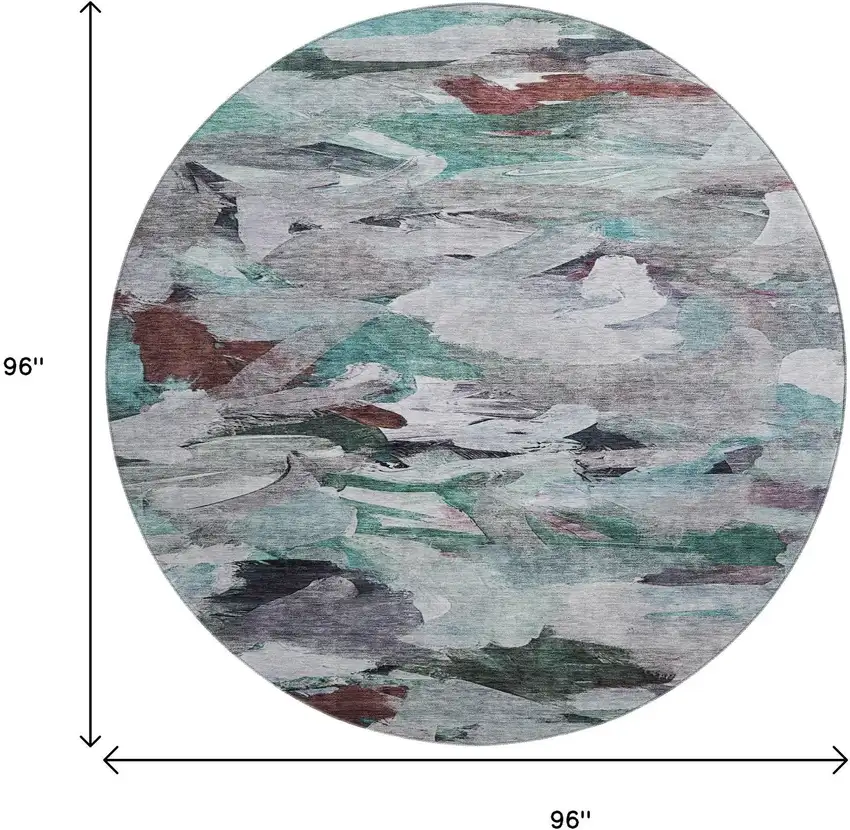 8' Teal Gray And Rust Abstract Washable Round Rug With UV Protection Photo 9