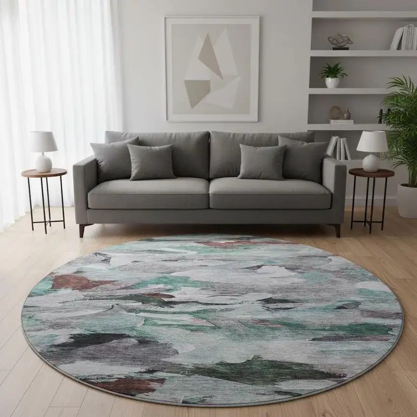 8' Teal Gray And Rust Abstract Washable Round Rug With UV Protection Photo 2