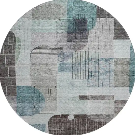 8' Teal Gray And Silver Abstract Geometric Washable Round Rug With UV Protection Photo 3