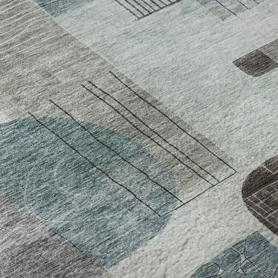 8' Teal Gray And Silver Abstract Geometric Washable Round Rug With UV Protection Photo 8