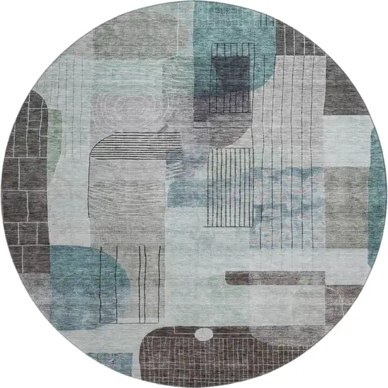 8' Teal Gray And Silver Abstract Geometric Washable Round Rug With UV Protection Photo 1