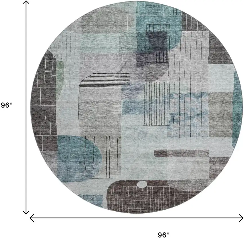 8' Teal Gray And Silver Abstract Geometric Washable Round Rug With UV Protection Photo 9
