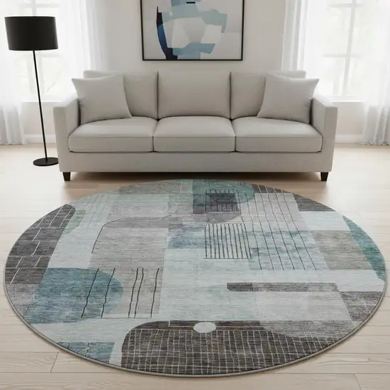 8' Teal Gray And Silver Abstract Geometric Washable Round Rug With UV Protection Photo 2