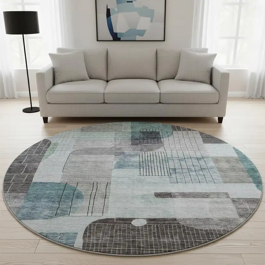 8' Teal Gray And Silver Abstract Geometric Washable Round Rug With UV Protection Photo 2