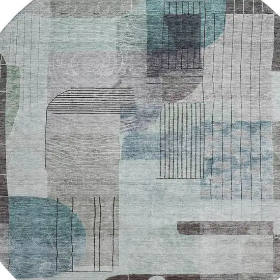 8' Teal Gray And Silver Abstract Geometric Washable Round Rug With UV Protection Photo 2