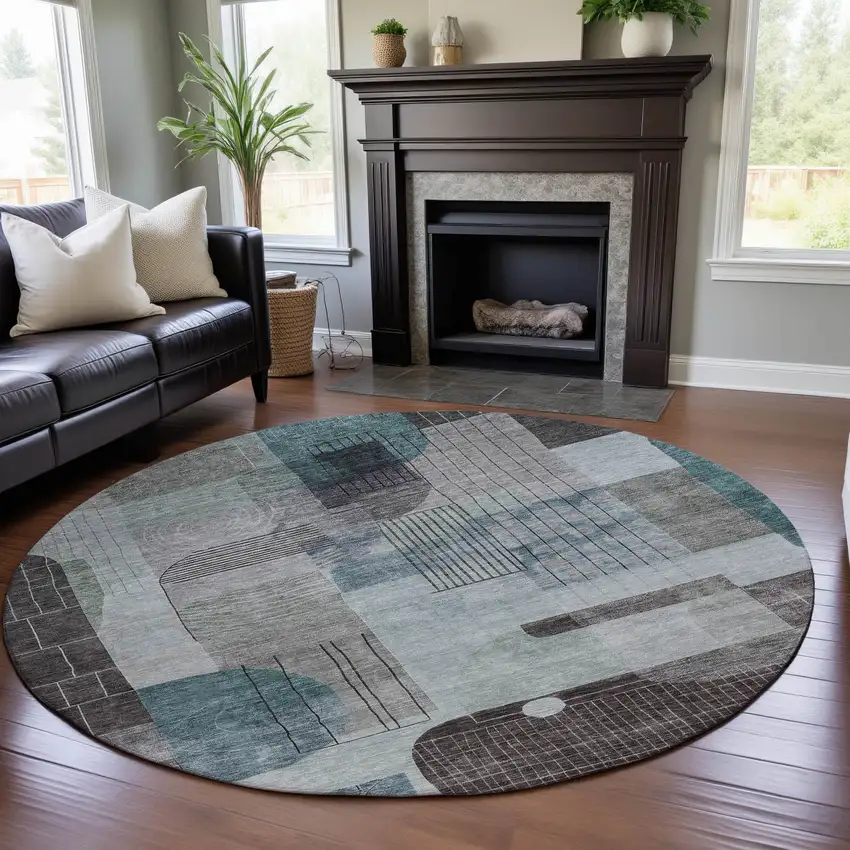 8' Teal Gray And Silver Abstract Geometric Washable Round Rug With UV Protection Photo 4