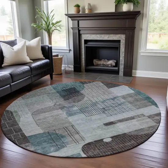 8' Teal Gray And Silver Abstract Geometric Washable Round Rug With UV Protection Photo 4