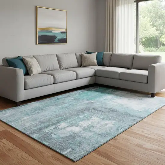 8' Teal Gray And Silver Abstract Washable Area Rug With UV Protection Photo 2