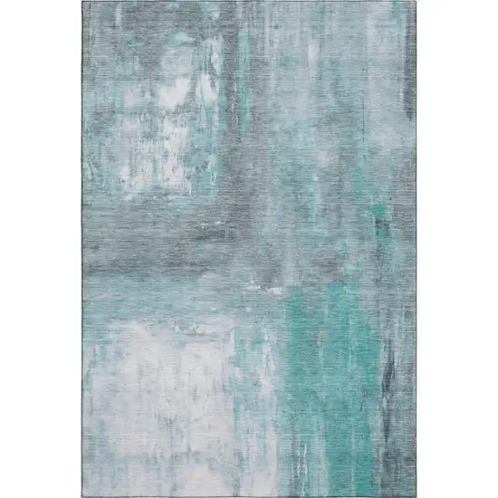 8' Teal Gray And Silver Abstract Washable Area Rug With UV Protection Photo 1