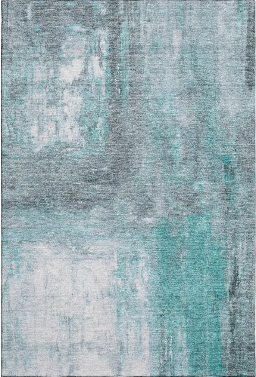 8' Teal Gray And Silver Abstract Washable Area Rug With UV Protection Photo 1