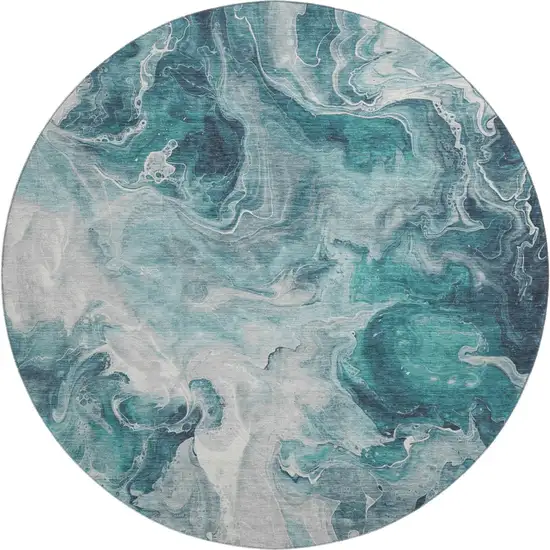 8' Teal Gray And Silver Abstract Washable Round Rug With UV Protection Photo 1