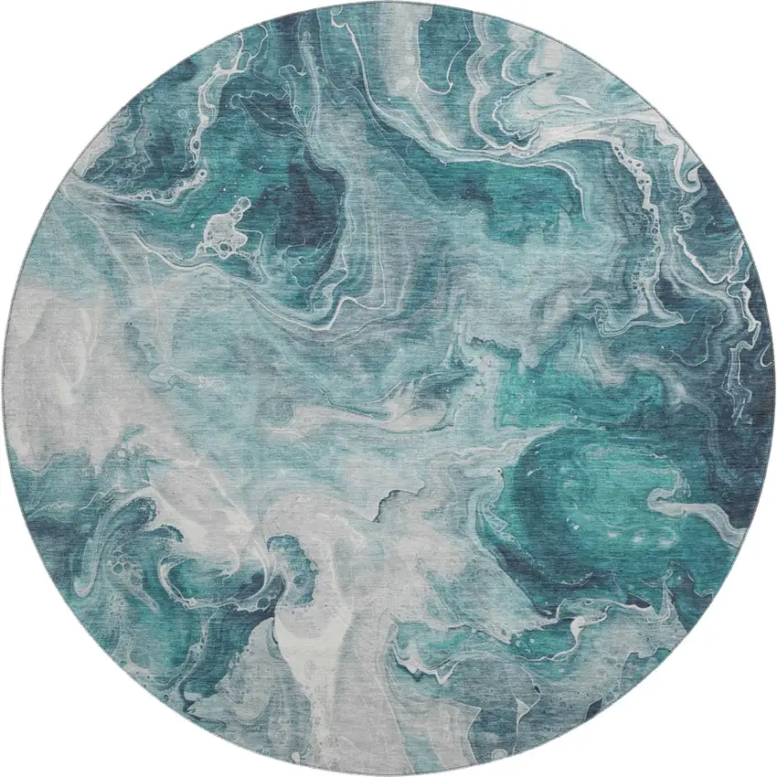 8' Teal Gray And Silver Abstract Washable Round Rug With UV Protection Photo 1