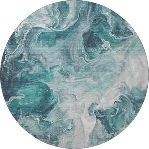 Photo of 8' Teal Gray And Silver Abstract Washable Round Rug With UV Protection