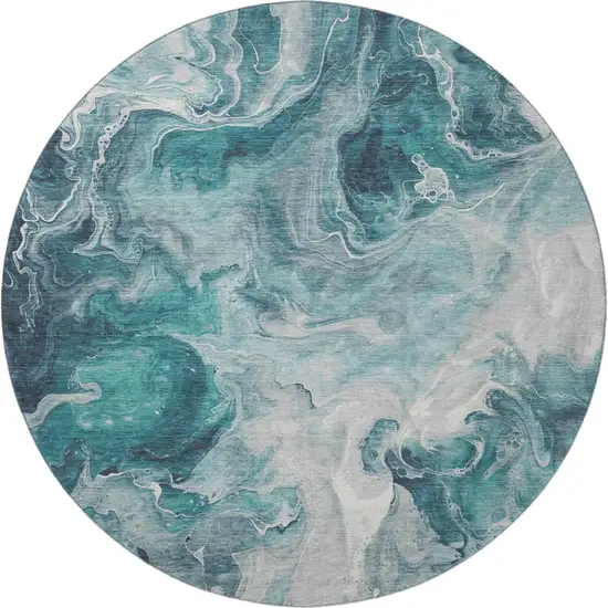 8' Teal Gray And Silver Abstract Washable Round Rug With UV Protection Photo 2