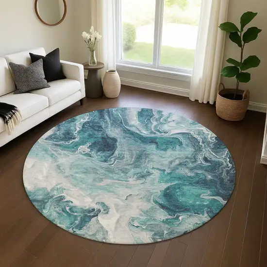 8' Teal Gray And Silver Abstract Washable Round Rug With UV Protection Photo 3