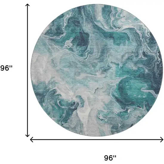8' Teal Gray And Silver Abstract Washable Round Rug With UV Protection Photo 8