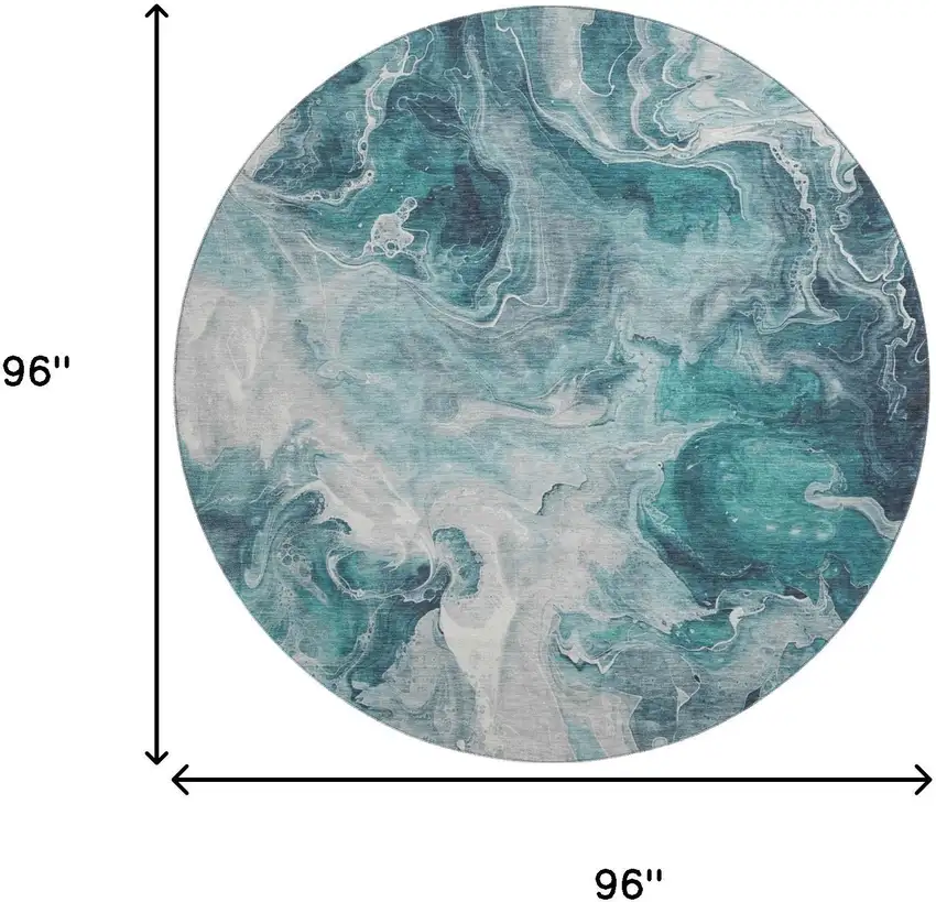 8' Teal Gray And Silver Abstract Washable Round Rug With UV Protection Photo 8