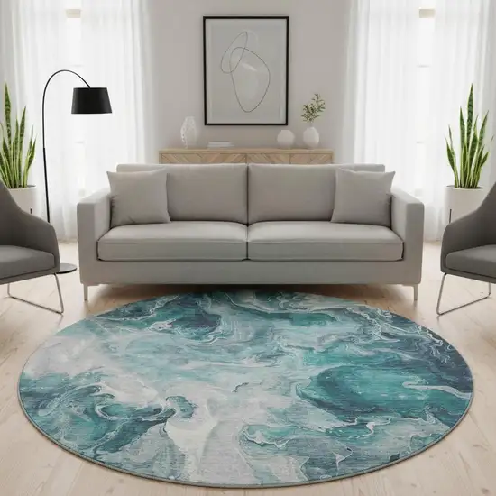 8' Teal Gray And Silver Abstract Washable Round Rug With UV Protection Photo 2