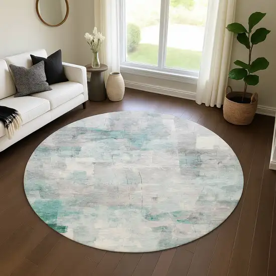 8' Teal Gray And Silver Abstract Washable Round Rug With UV Protection Photo 4