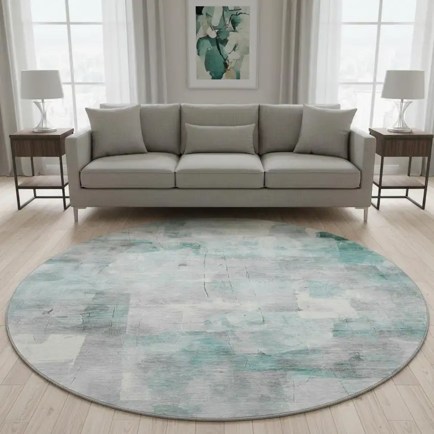 8' Teal Gray And Silver Abstract Washable Round Rug With UV Protection Photo 2