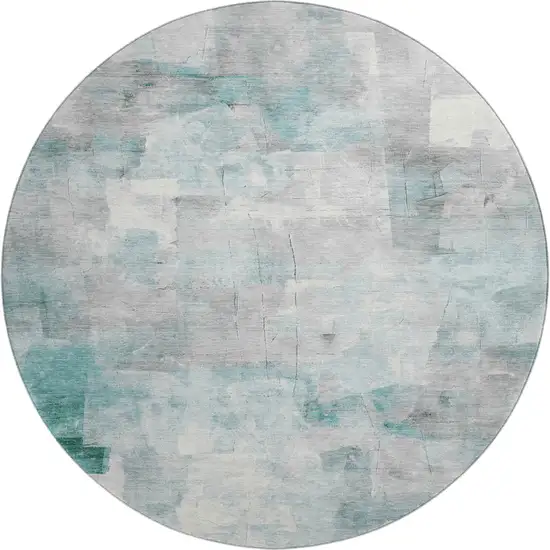 8' Teal Gray And Silver Abstract Washable Round Rug With UV Protection Photo 1