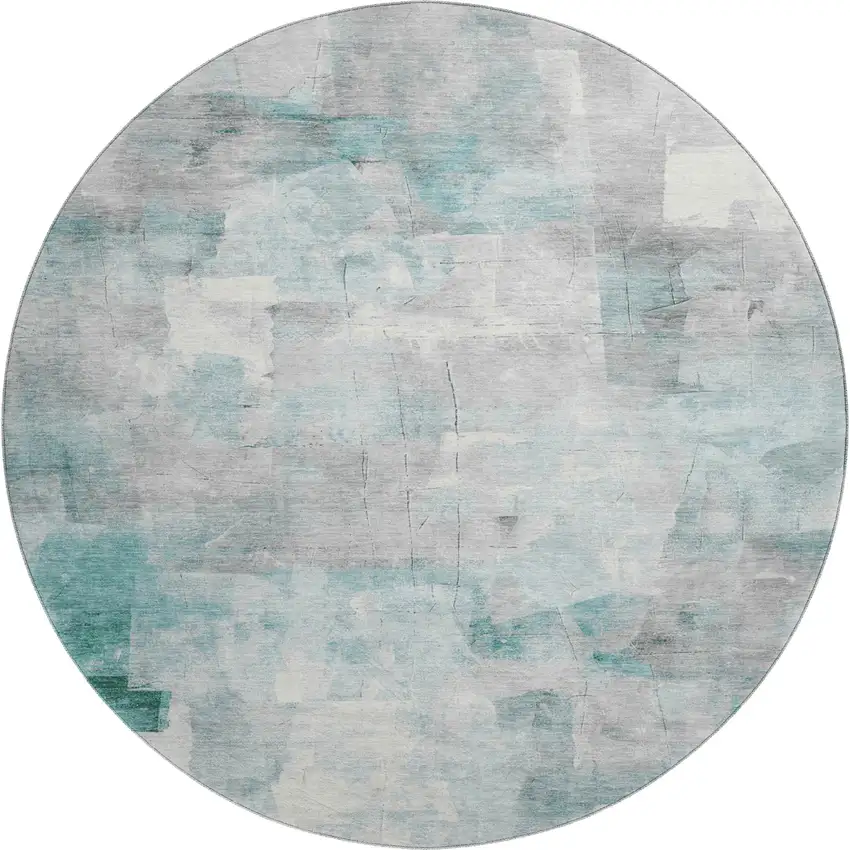 8' Teal Gray And Silver Abstract Washable Round Rug With UV Protection Photo 1