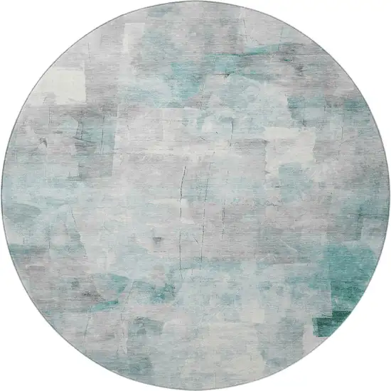8' Teal Gray And Silver Abstract Washable Round Rug With UV Protection Photo 3