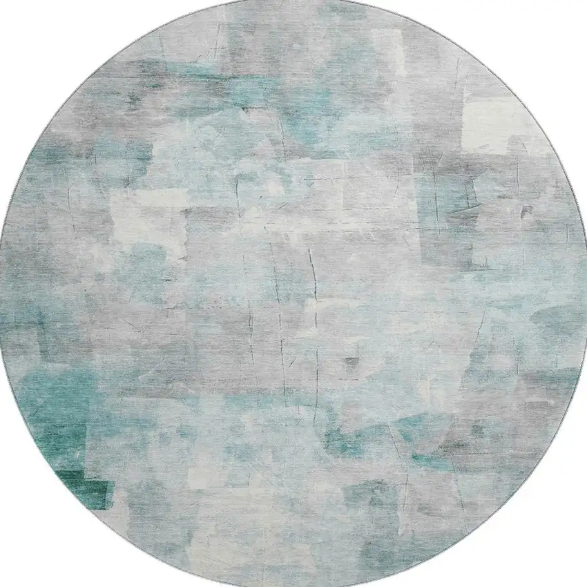 8' Teal Gray And Silver Abstract Washable Round Rug With UV Protection Photo 2