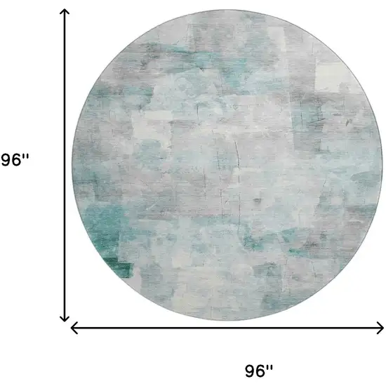 8' Teal Gray And Silver Abstract Washable Round Rug With UV Protection Photo 9