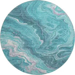 Photo of 8' Teal Gray And Silver Abstract Washable Round Rug With UV Protection