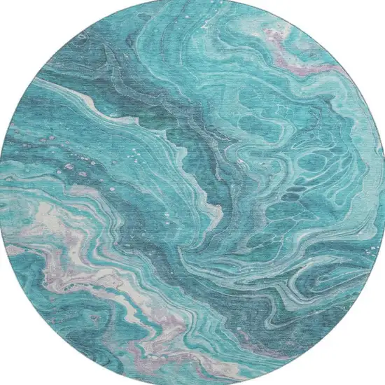 8' Teal Gray And Silver Abstract Washable Round Rug With UV Protection Photo 3