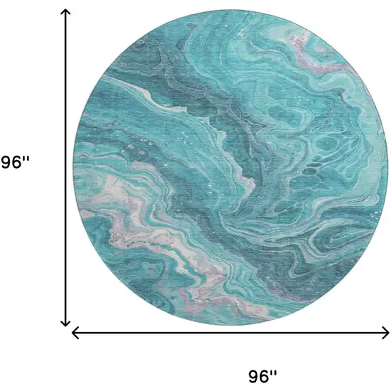 8' Teal Gray And Silver Abstract Washable Round Rug With UV Protection Photo 9