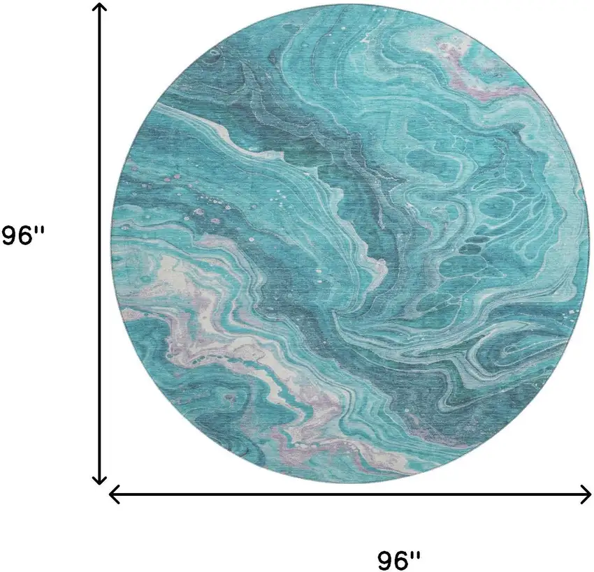 8' Teal Gray And Silver Abstract Washable Round Rug With UV Protection Photo 9