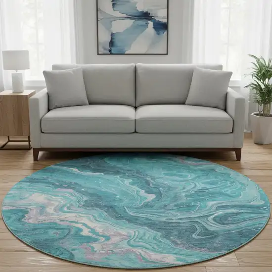 8' Teal Gray And Silver Abstract Washable Round Rug With UV Protection Photo 2