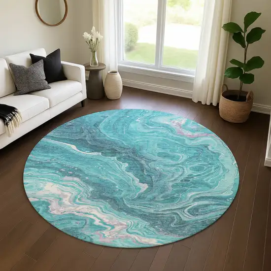 8' Teal Gray And Silver Abstract Washable Round Rug With UV Protection Photo 4