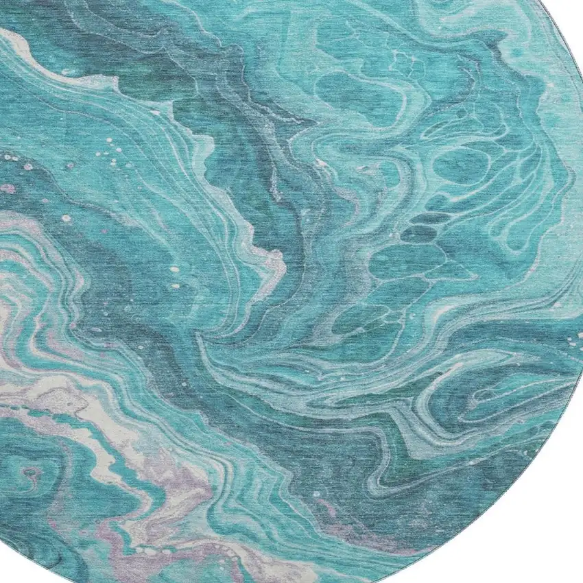 8' Teal Gray And Silver Abstract Washable Round Rug With UV Protection Photo 2